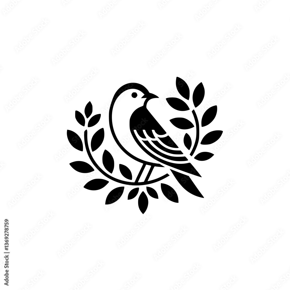 Obraz premium Elegant Black and White Bird Emblem in Laurel Wreath