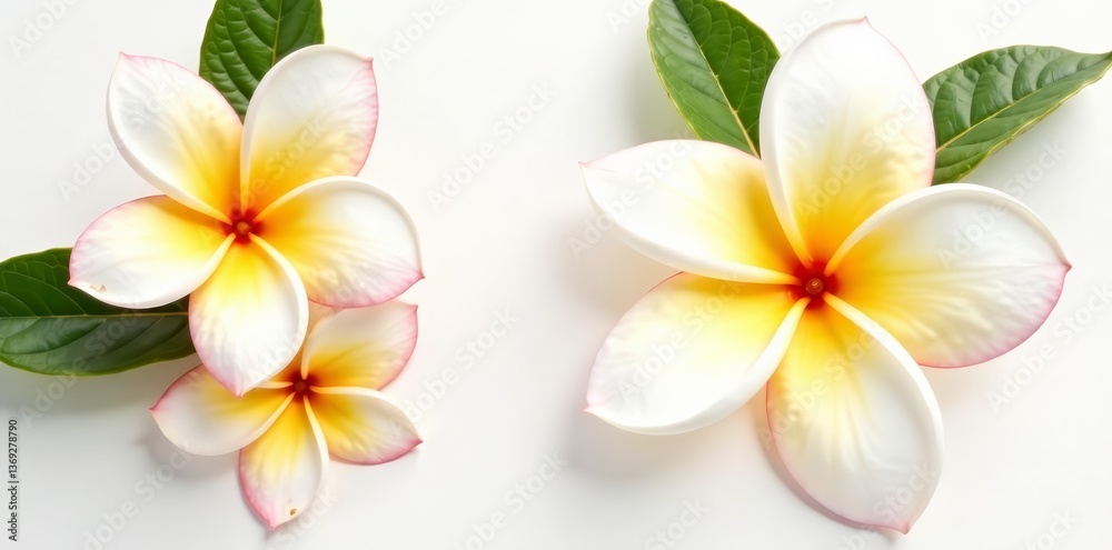 Fototapeta premium Close-up of tropical frangipani plumeria flowers on a white background, beauty, white