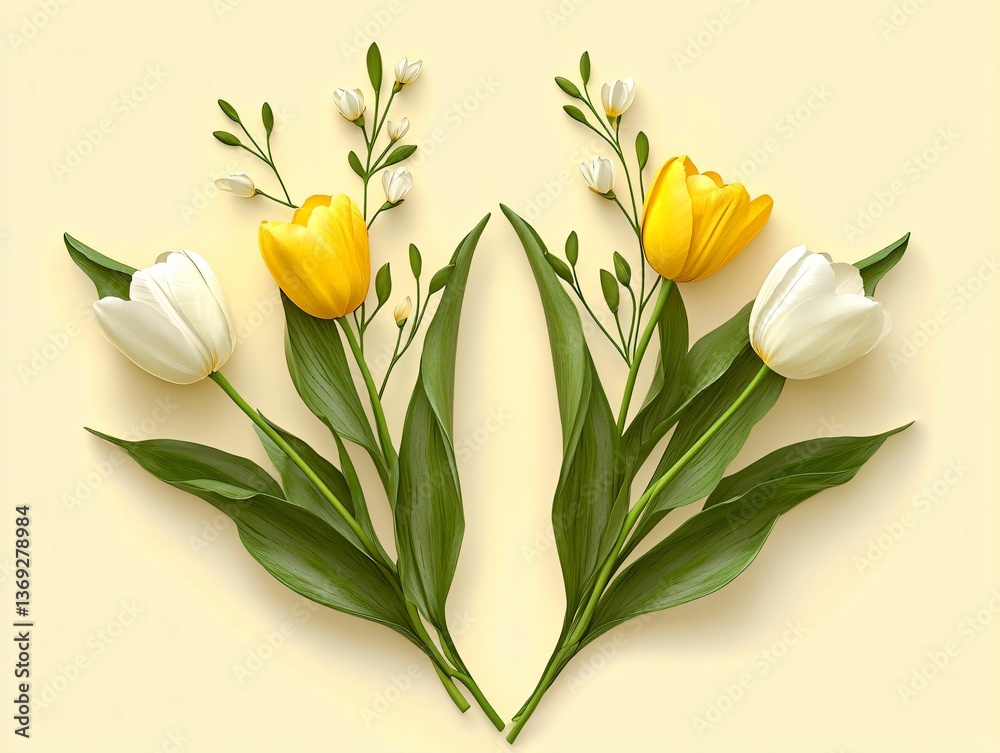 Obraz premium Beautiful Arrangement of Yellow and White Tulips with Green Leaves