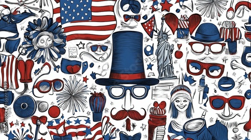 American Patriotic Patterns with Icons and Symbols in Red, White, Blue