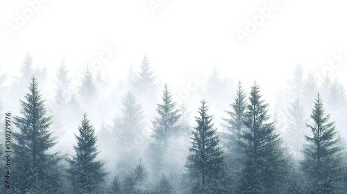 Misty evergreen forest landscape.