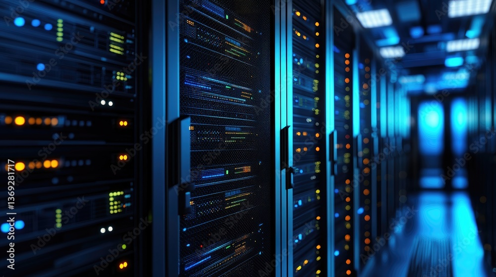 Close-up of illuminated server racks in a high-tech data center with cool blue lighting. Ideal for cybersecurity, cloud storage, IT infrastructure, and tech branding visuals Close-up of illuminated server racks in a high-tech data center with cool blue lighting. Ideal for cybersecurity, cloud storage, IT infrastructure, and tech branding visuals
