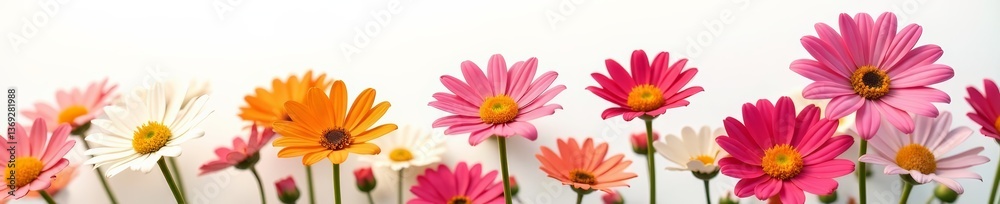 Close-up of vibrant daisy flowers against white backdrop, nature, spring Close-up of vibrant daisy flowers against white backdrop, nature, spring