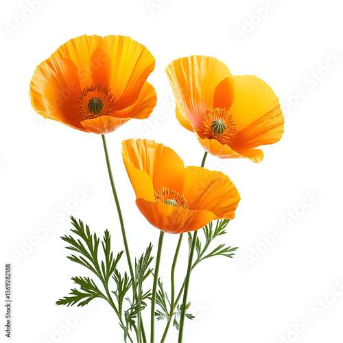 Three vibrant orange poppies on black background,
