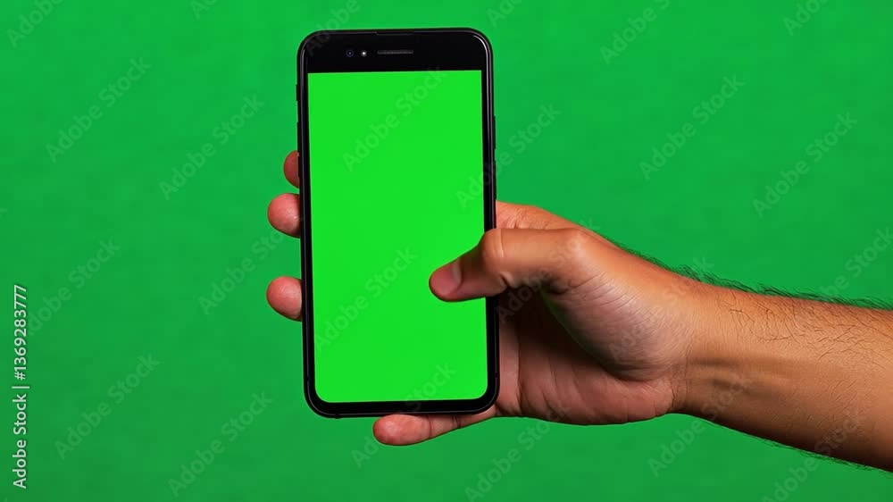 Modern Smartphone: A hand firmly holds a smartphone with a vibrant green screen, showcasing modern technology and digital interaction against a matching verdant backdrop.