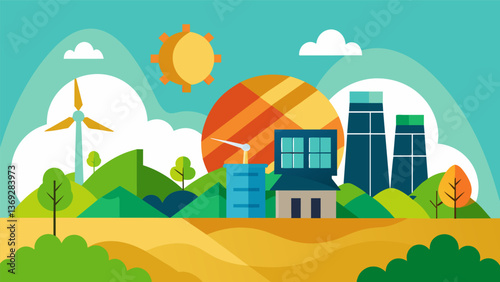 A serene landscape transforms into a visual representation of our changing world a solar farm and a fossil fuel plant standing in contrast symbolizing. Vector illustration