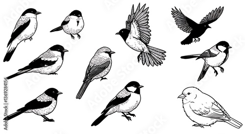 Collection of Diverse Bird Species in Black and White Illustration