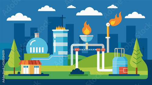 A modern hightech facility where natural gas is transformed from a raw resource into a cleanburning fuel for urban consumption.. Vector illustration