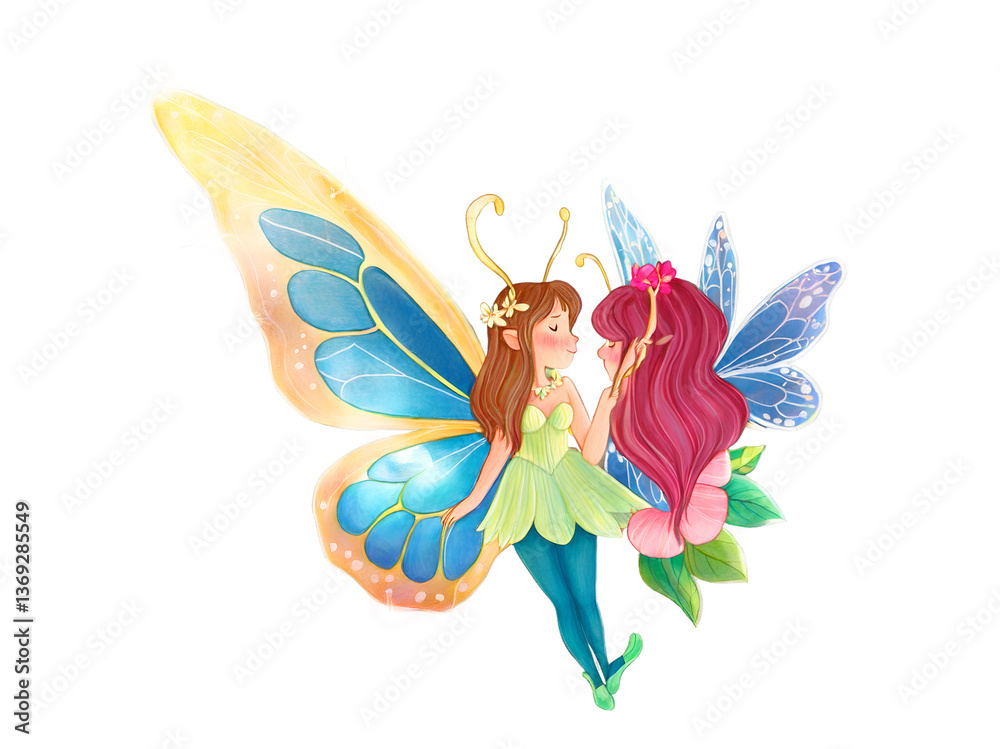 Obraz premium Enchanting Illustration, Two Fairylike Butterfly Girls in Delicate Embrace, Evoking Whimsical Fantasy and Innocent Friendship amid Transparent Winged Beauty