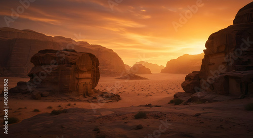 Desert Sunrise Landscape View With Dramatic Golden Colors