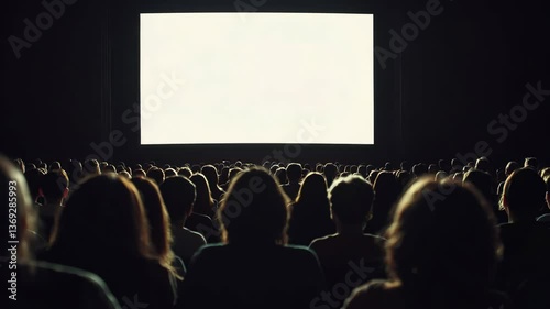 Audience watching a film in a large theater with a blank screen during a movie event in the evening
