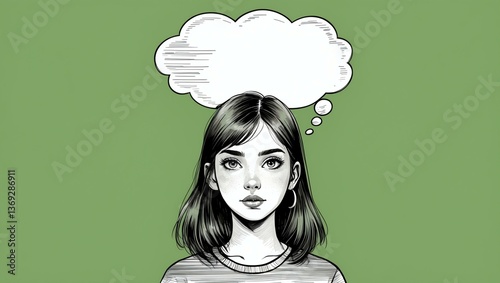teenage gal with blank speech bubble looks like thinking on green background