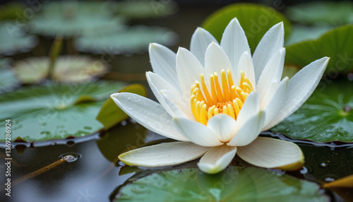 Elegant white lily blooming on still pond during soft rain, tranquility