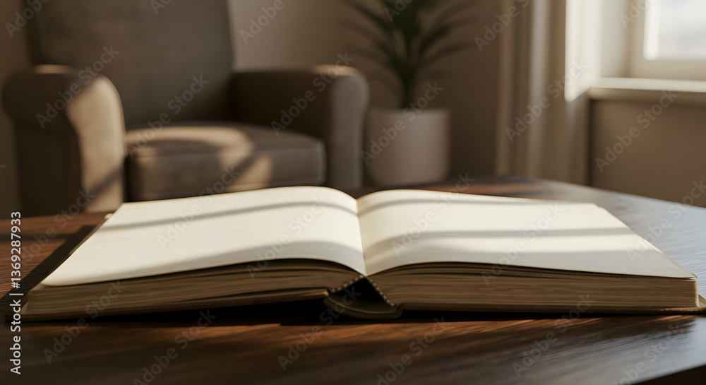 Naklejka premium Open Book On Wooden Coffee Table In Cozy Living Room