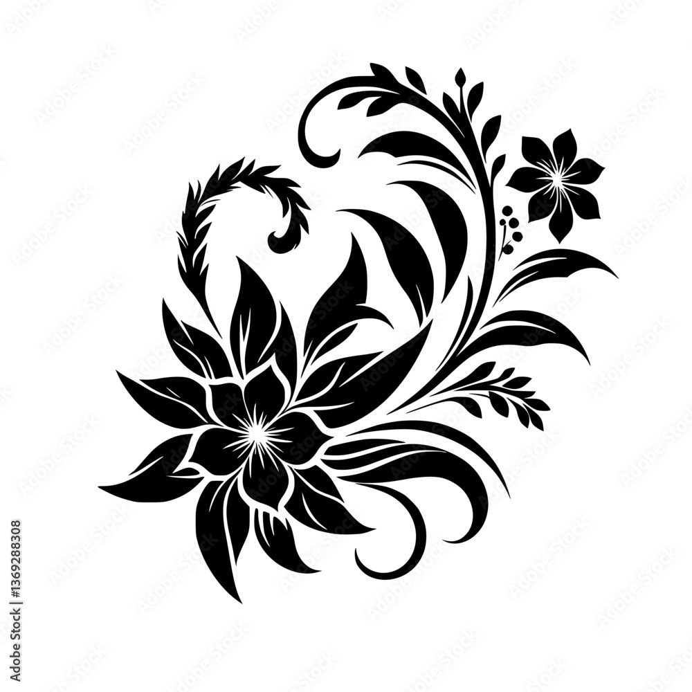 Fototapeta premium Elegant Black Floral Vector Design, Flourish Motif, Isolated on White