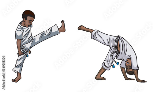 Brazilian male childen are playing capoeira. This is the best known Brazilian sport in the world. Editable vector set on transparent background.