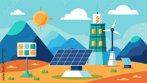A remote location with a vast array of solar panels and a futuristic carbon capture tower capturing and storing excess CO2 emissions generated during. Vector illustration