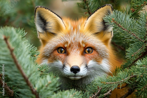 Red Fox Peeking through Pine Branches Close Up with Direct Eye Contact Beautiful photo