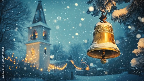 Snow-covered bell, church, falling snow, winter scene.