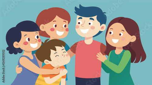A group of siblings huddled together sharing secrets and catching up on each others lives.. Vector illustration