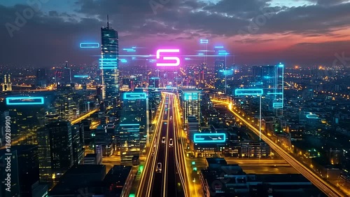 Wallpaper Mural Aerial view of a vibrant city skyline at dusk with glowing digital elements overlaying the streets Torontodigital.ca