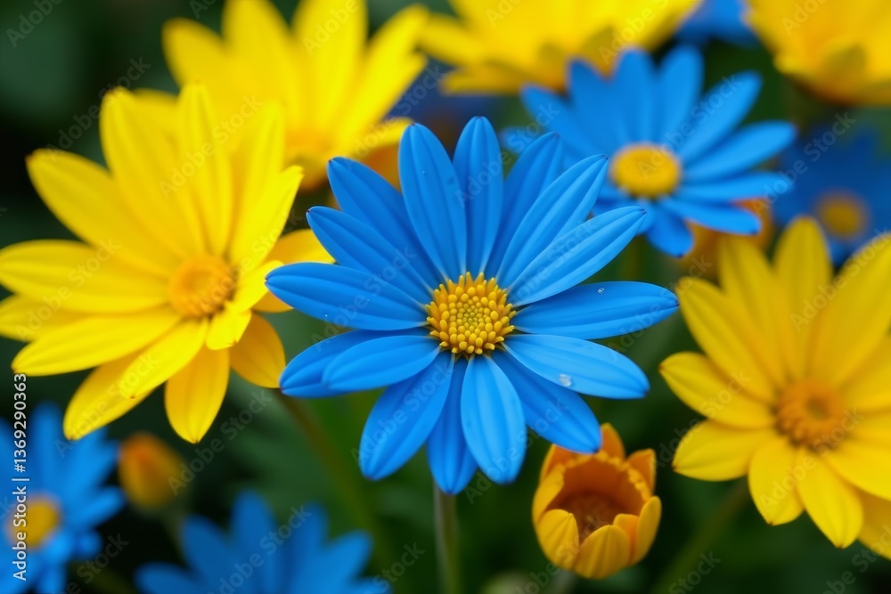 Close-up view of beautiful yellow and blue flowers in a bouquet, beautiful, nature Close-up view of beautiful yellow and blue flowers in a bouquet, beautiful, nature