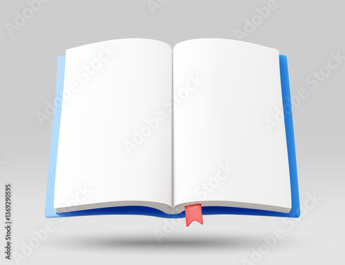 3D illustration vector render of open book icon with bookmark. Education and learning concept. Knowledge. Content tracking. Key points identification. Book reading. Organizing. Isolated on grey 
