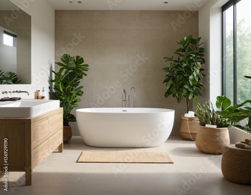 Modern minimalist bathroom with sleek fixtures, neutral tones, large mirror, natural light, and eco-friendly design elements.