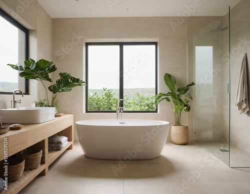 Modern minimalist bathroom with sleek fixtures  neutral tones  large mirror  natural light  and eco-friendly design elements.