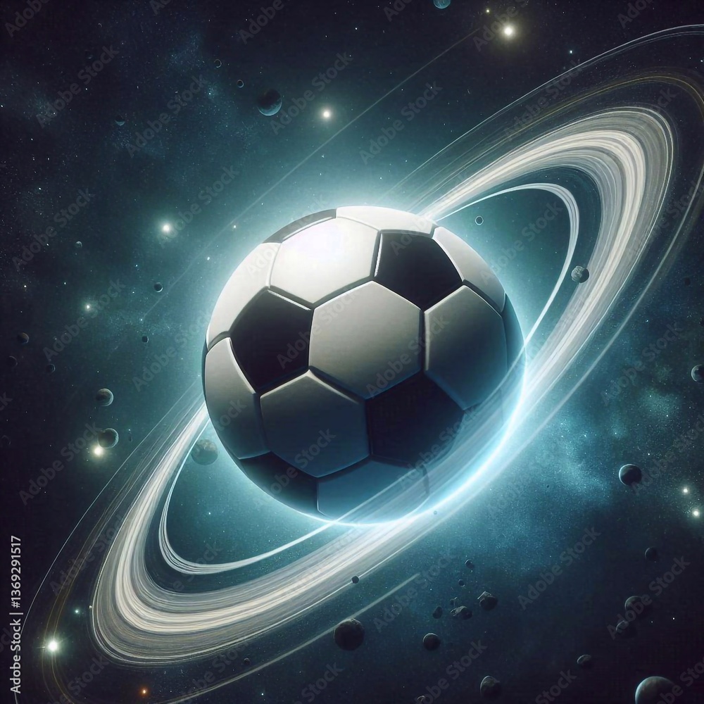 Naklejka premium Soccer ball in space. Ball planet with rings of Saturn