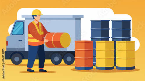 A worker inspecting a row of upright oil barrels for any leaks or damage before they are loaded onto a truck.. Vector illustration