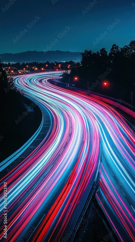 Colorful light trails forming complex designs, dynamic light patterns. Vertical