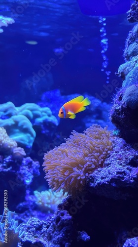 Brightly colored tropical fish swimming among coral reefs, vibrant ocean life. Vertical