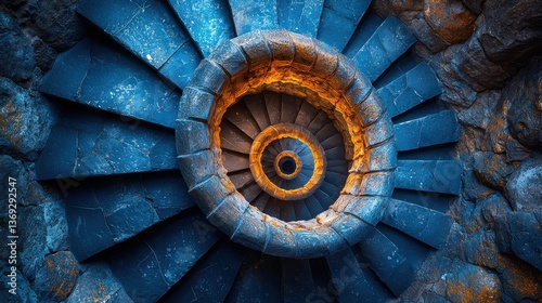 Blue spiral staircase with intricate details