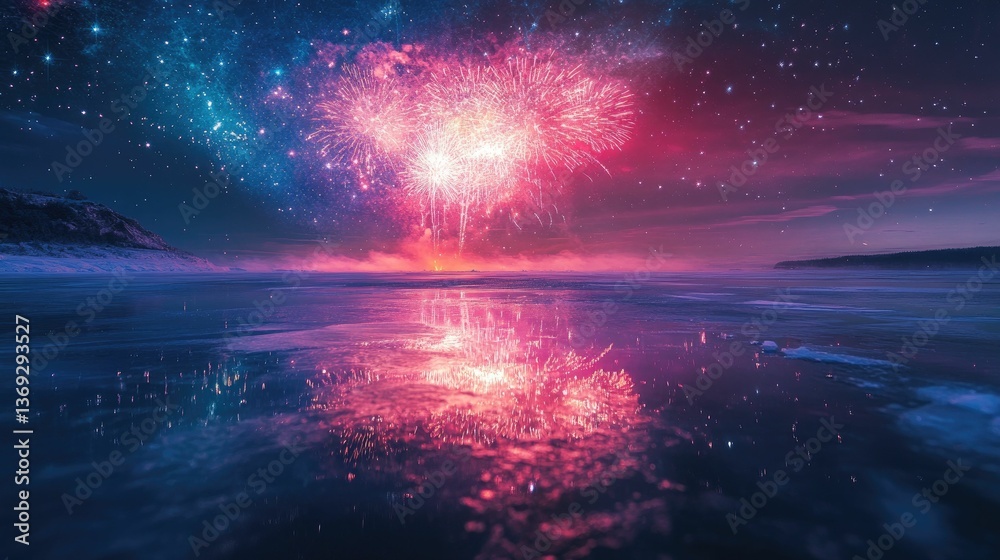 Fototapeta premium Frozen lake reflects vibrant fireworks, starry night.