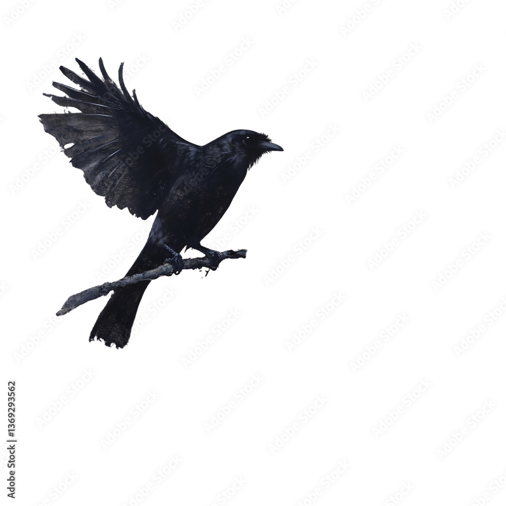 Obraz premium A black bird perched on a branch with wings spread perfect for nature wildlife and darkthem