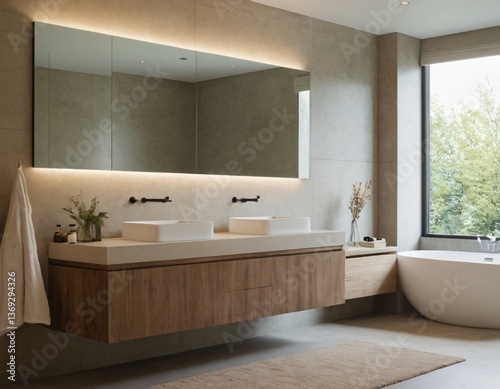 Modern minimalist bathroom with sleek white tiles, open shelving, neutral tones, and elegant fixtures, featuring a freestanding bathtub and a large walk-in shower, with natural light streaming through