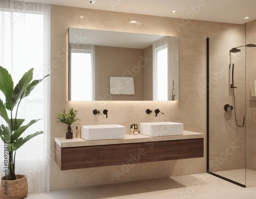 Modern minimalist bathroom with sleek white tiles, open shelving, neutral tones, and elegant fixtures, featuring a freestanding bathtub and a large walk-in shower, with natural light streaming through
