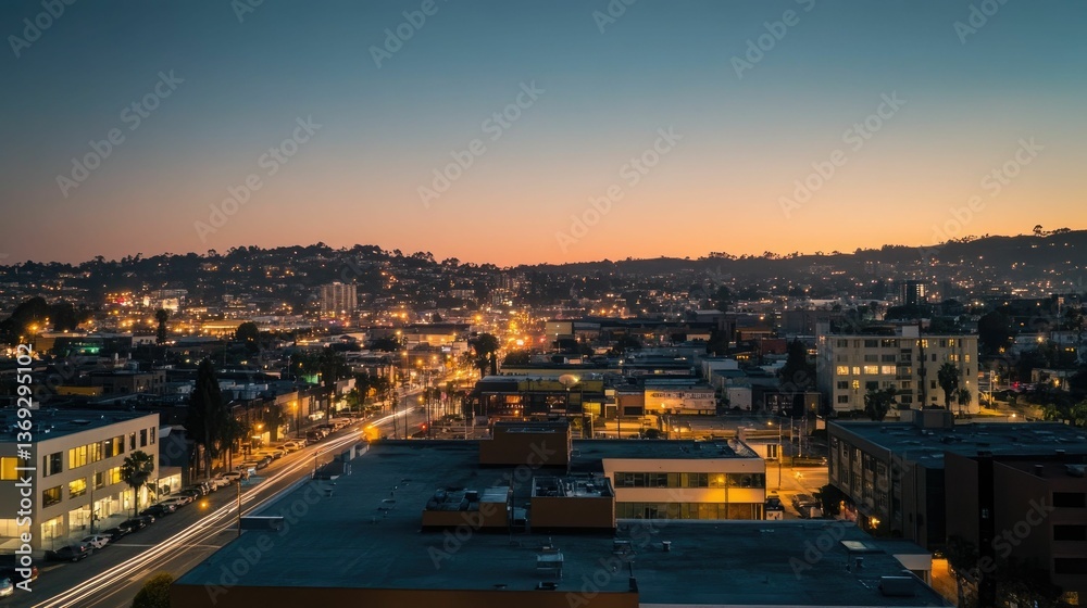 Fototapeta premium Night cityscape, illuminated buildings, hills, twilight sky.