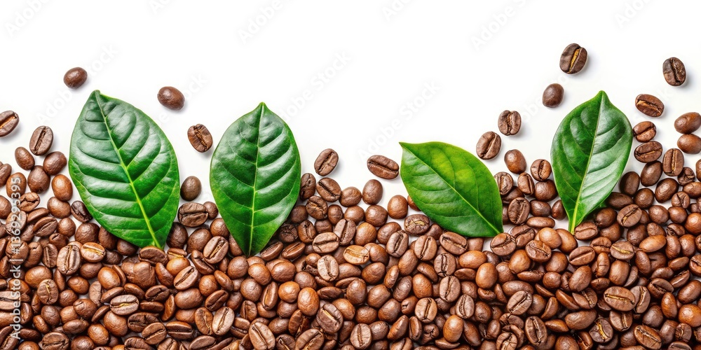Obraz premium Lush Coffee Plantation Landscape: Sunlit Beans & Leaves, Vibrant Green Hills, Coffee Farm Scenery