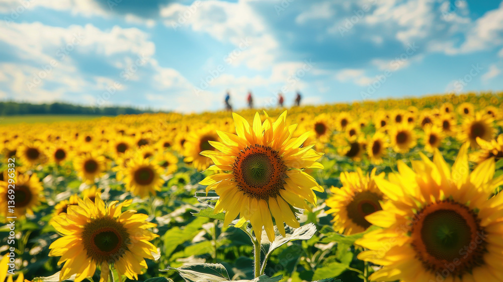 Fototapeta premium vibrant sunflower field under bright blue sky, with people walking in background, creates cheerful and lively atmosphere
