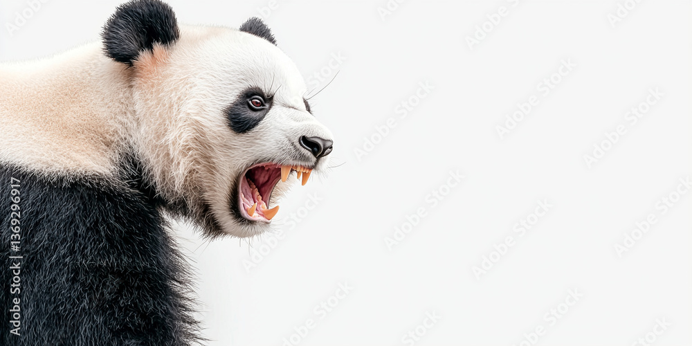 Fototapeta premium fierce panda with open mouth showcases its sharp teeth against plain background, emphasizing its wild nature and beauty