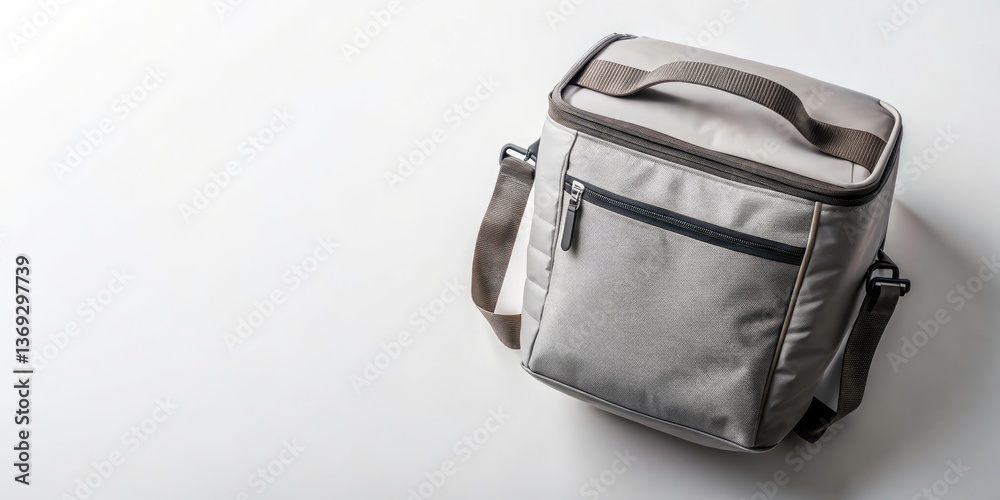 Naklejka premium Minimalist Overhead Flat Lay of a Cooler Bag on White Background for Product Photography, Ideal for Marketing and Advertising with Copy Space