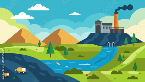 A nature reserve located next to a landfill protected from the harmful effects of ane emissions thanks to a reliable capture and conversion system.. Vector illustration
