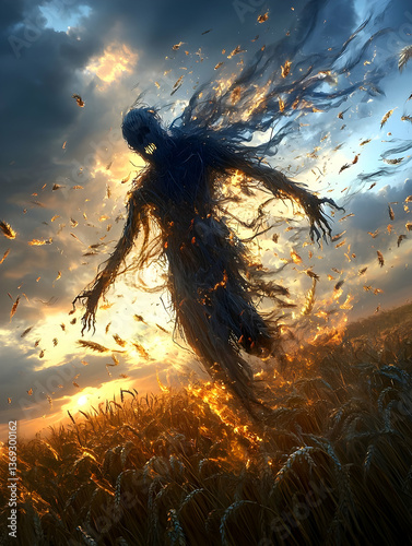 Silhouette of a Disintegrating Figure in a Golden Wheat Field at Sunset