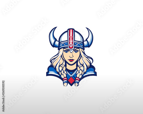 a football team logo for a Viking-themed. The logo should be blond Viking woman's head in a Viking helmet. Simple line art design