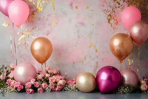 Pink party background with pastel balloons and confetti. Festive and celebratory scene. Perfect for birthday, invitation, or greeting card designs. Flat lay composition.