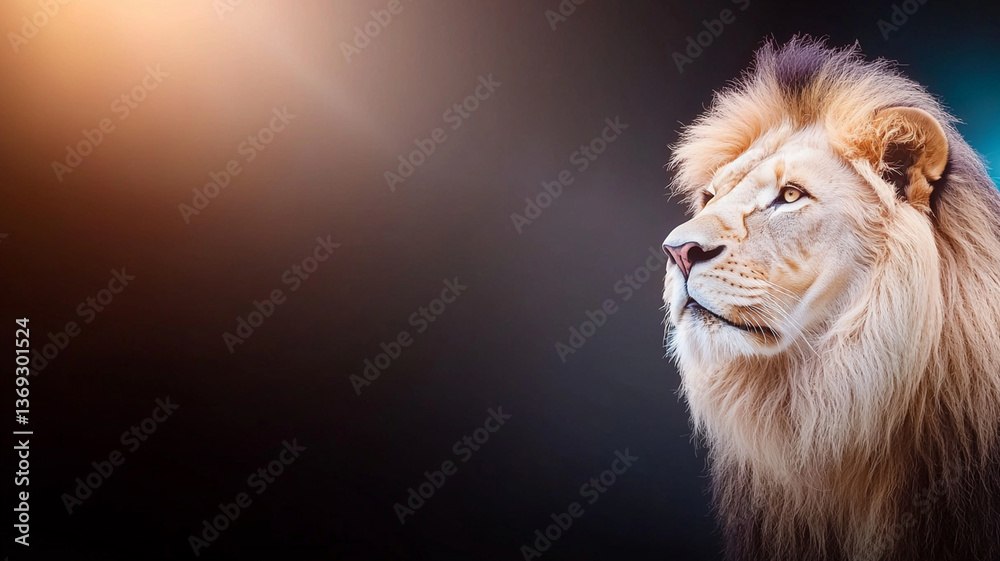 Fototapeta premium majestic lion with flowing mane gazes thoughtfully into distance, showcasing its regal presence and strength