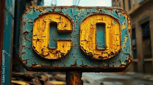 Rusty vintage signage with bold yellow letters 'CO'