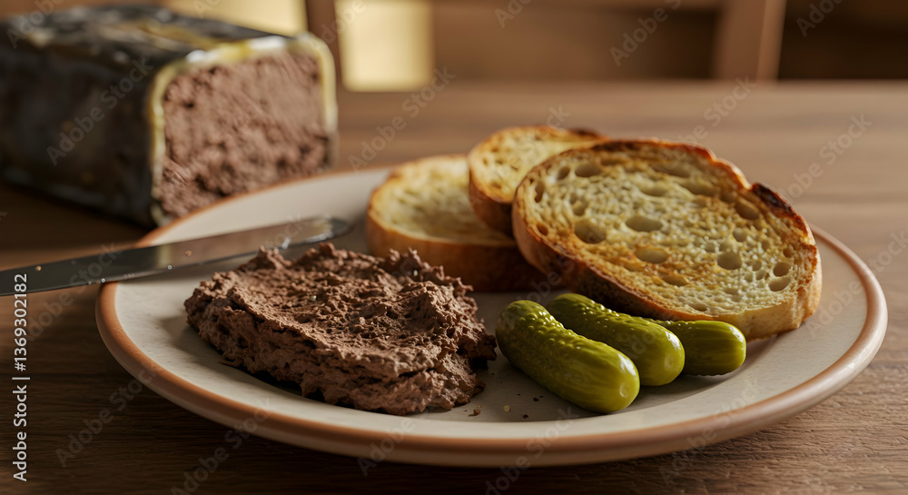 Liverwurst Served With Toasted Bread And Pickles On Plate Liverwurst Served With Toasted Bread And Pickles On Plate